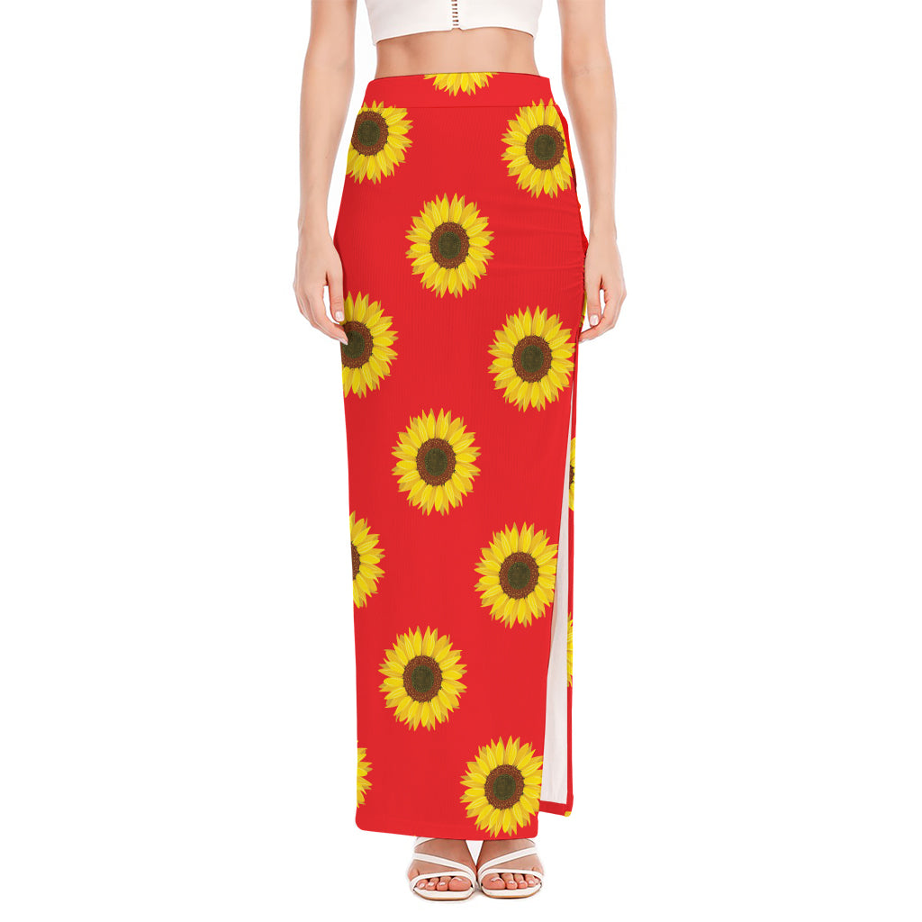 Red Sunflower Pattern Print High Slit Maxi Skirt