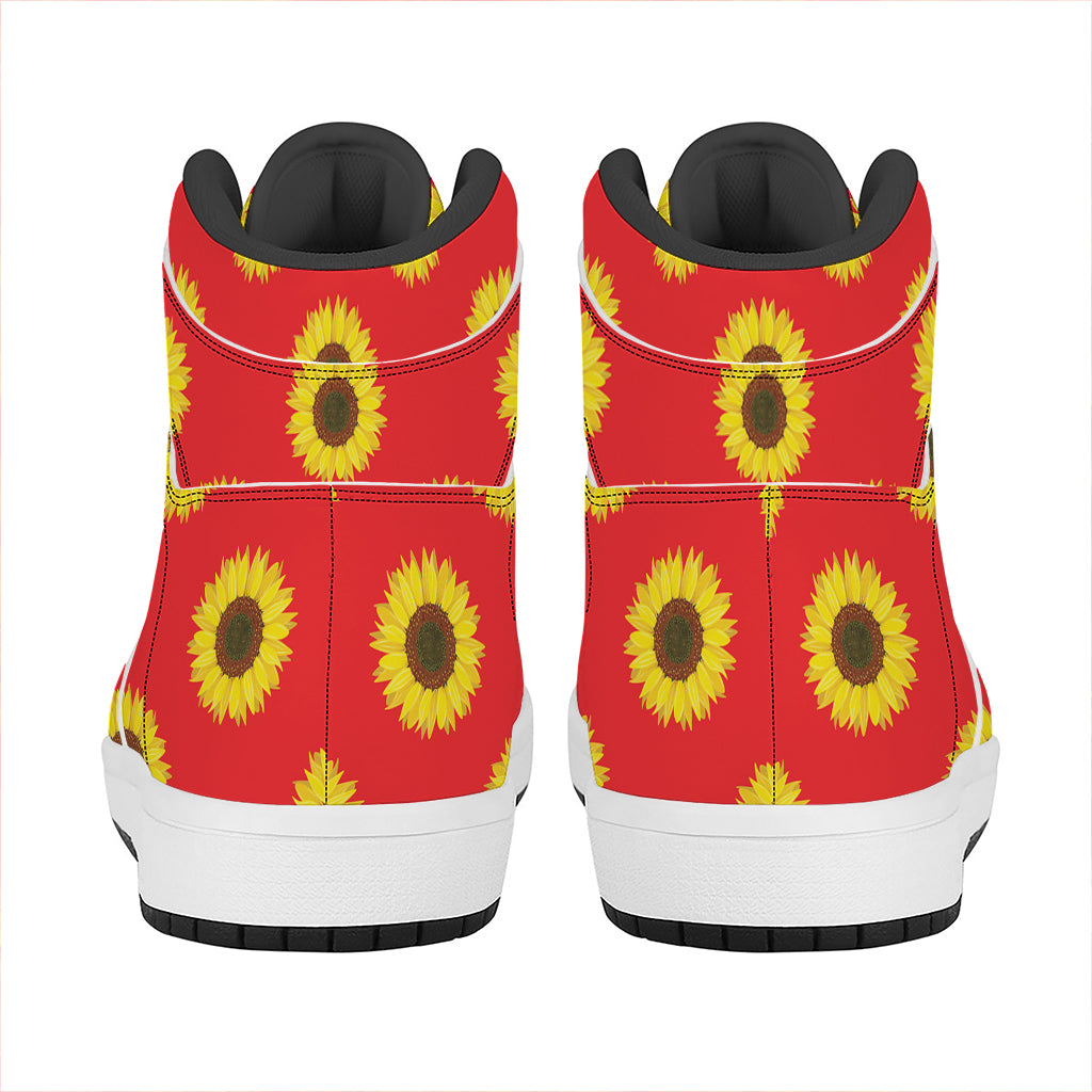 Red Sunflower Pattern Print High Top Leather Sneakers