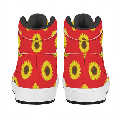 Red Sunflower Pattern Print High Top Leather Sneakers