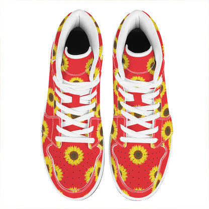 Red Sunflower Pattern Print High Top Leather Sneakers