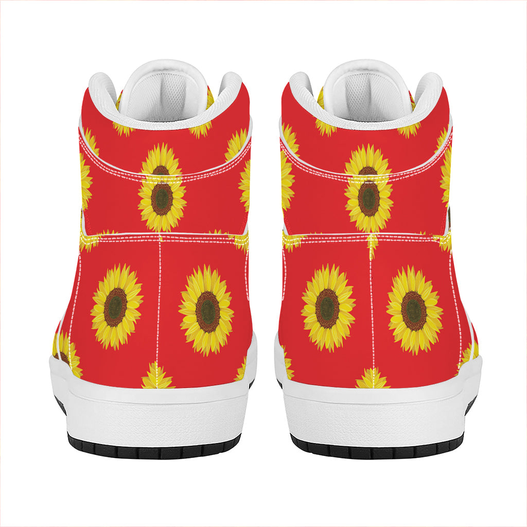 Red Sunflower Pattern Print High Top Leather Sneakers