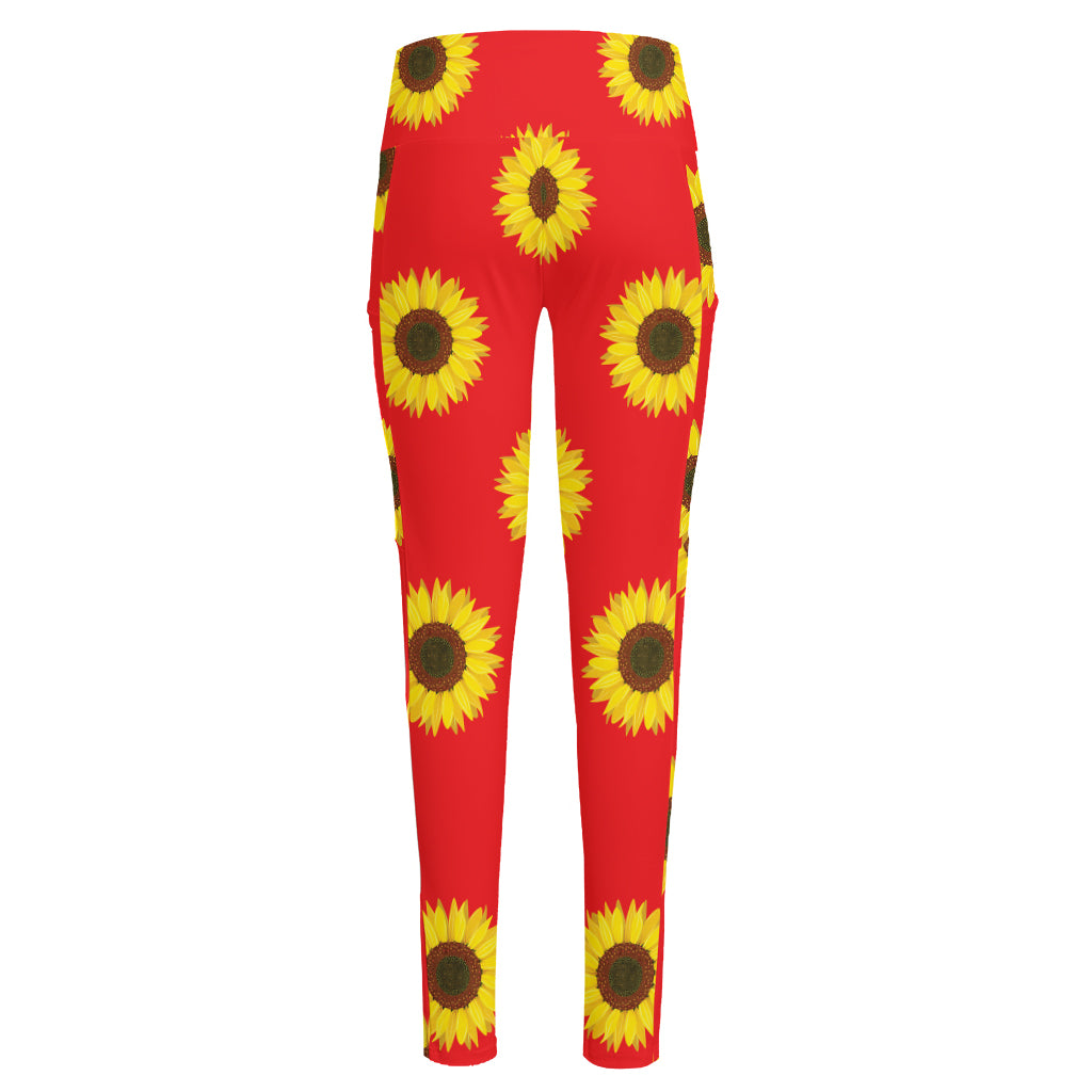 Red Sunflower Pattern Print High-Waisted Pocket Leggings