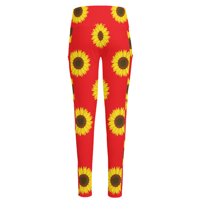 Red Sunflower Pattern Print High-Waisted Pocket Leggings