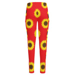Red Sunflower Pattern Print High-Waisted Pocket Leggings