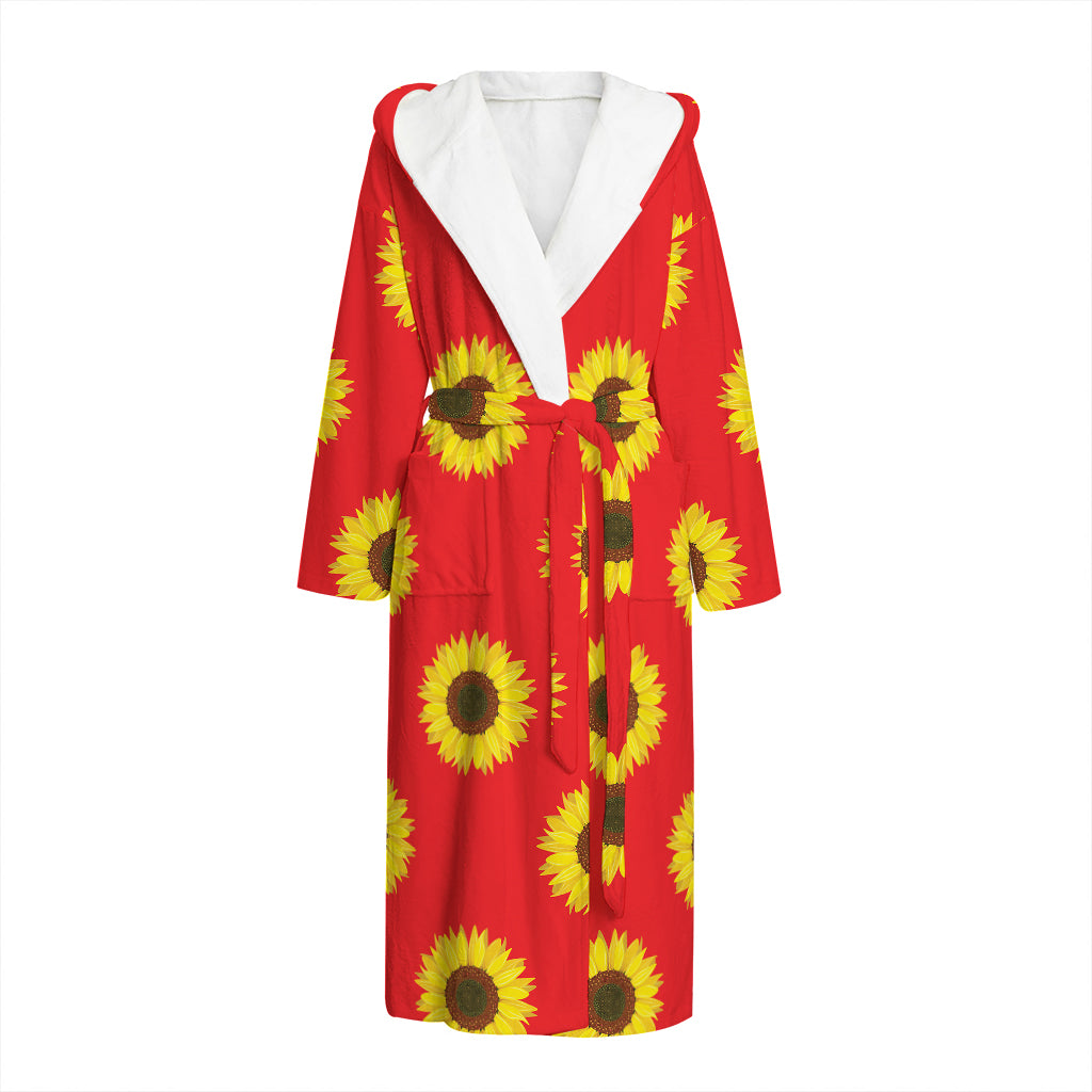 Red Sunflower Pattern Print Hooded Bathrobe