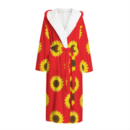 Red Sunflower Pattern Print Hooded Bathrobe