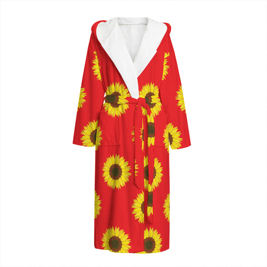 Red Sunflower Pattern Print Hooded Bathrobe