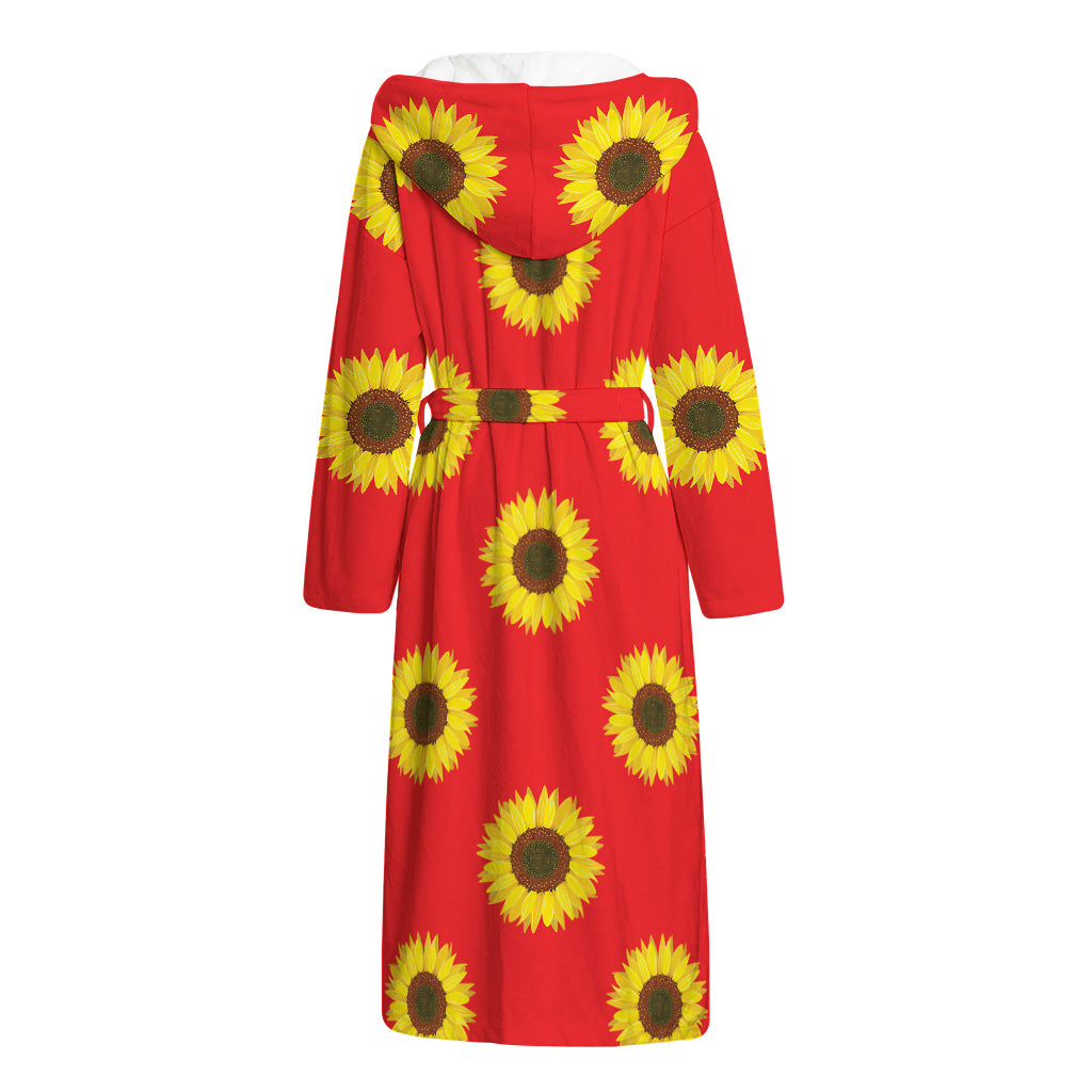Red Sunflower Pattern Print Hooded Bathrobe