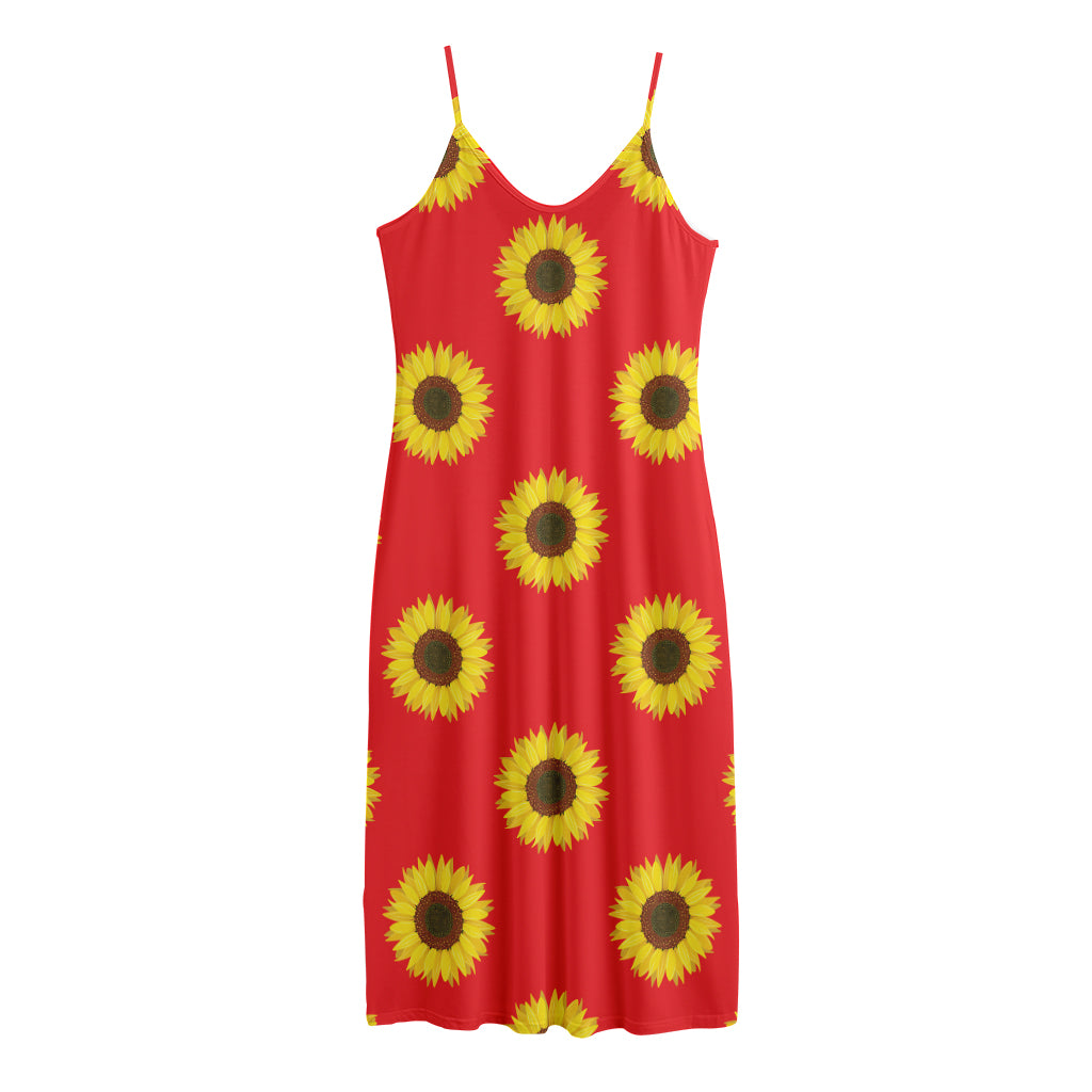 Red Sunflower Pattern Print Jersey Midi Cami Dress
