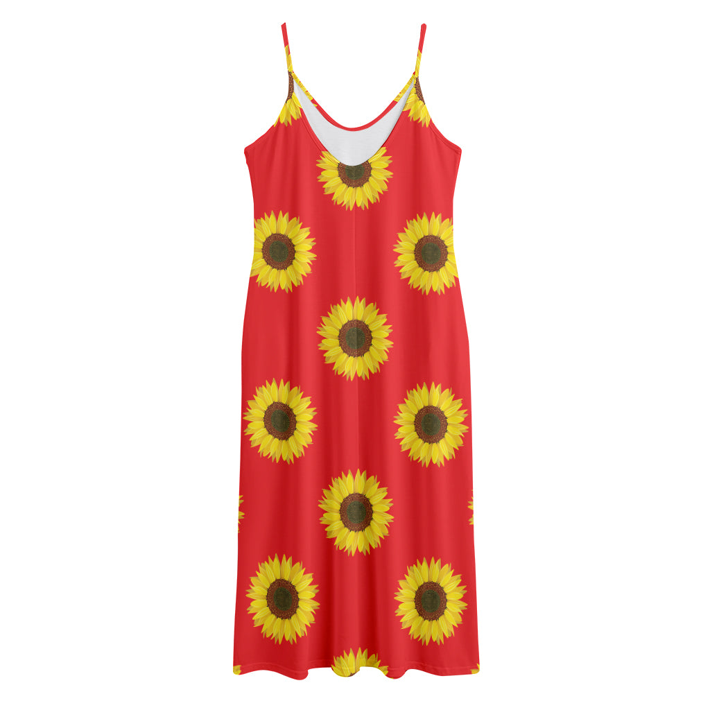 Red Sunflower Pattern Print Jersey Midi Cami Dress
