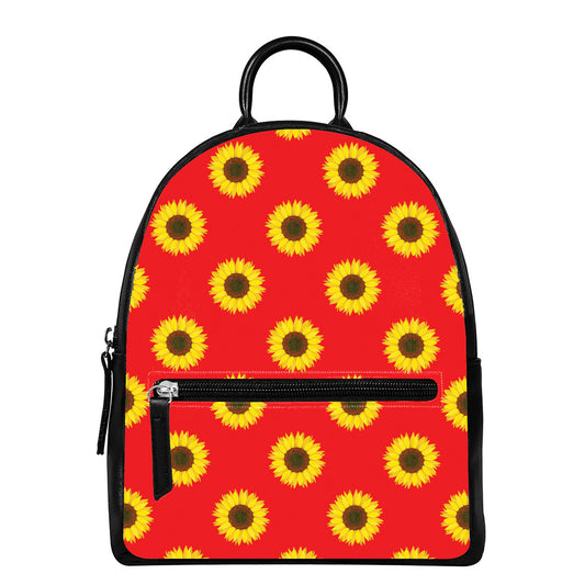 Red Sunflower Pattern Print Leather Backpack