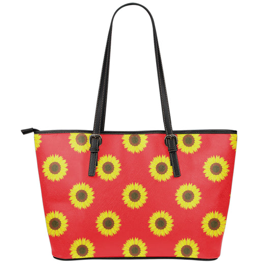 Red Sunflower Pattern Print Leather Tote Bag