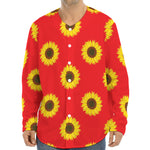 Red Sunflower Pattern Print Long Sleeve Baseball Jersey