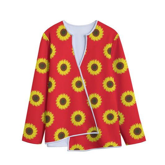 Red Sunflower Pattern Print Long Sleeve Short Coat