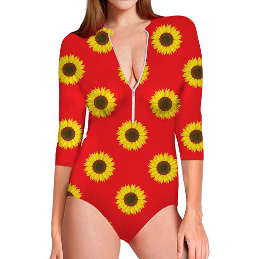 Red Sunflower Pattern Print Long Sleeve Swimsuit