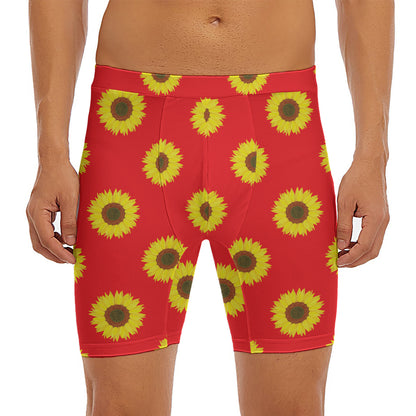 Red Sunflower Pattern Print Men's Long Boxer Briefs