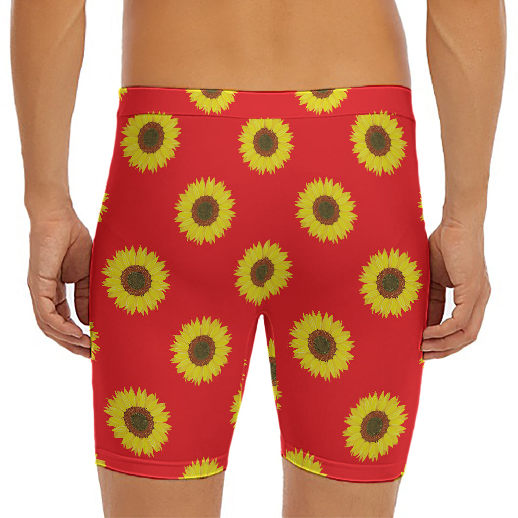 Red Sunflower Pattern Print Men's Long Boxer Briefs