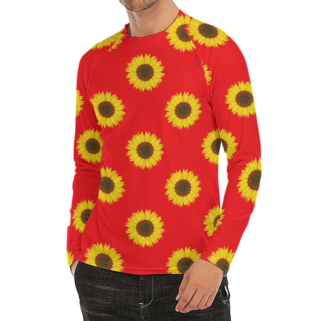Red Sunflower Pattern Print Men's Long Sleeve Rash Guard