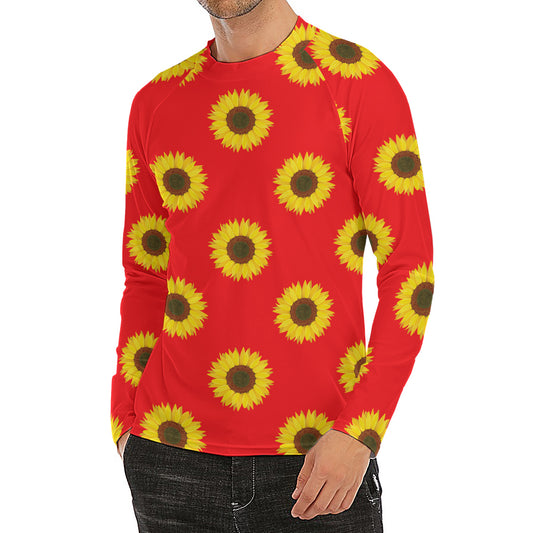 Red Sunflower Pattern Print Men's Long Sleeve Rash Guard