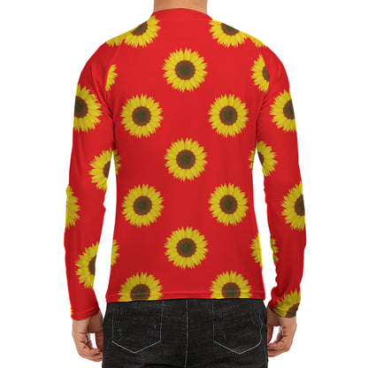 Red Sunflower Pattern Print Men's Long Sleeve Rash Guard