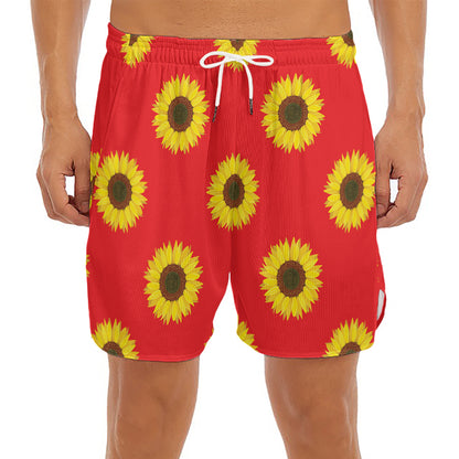 Red Sunflower Pattern Print Men's Split Running Shorts