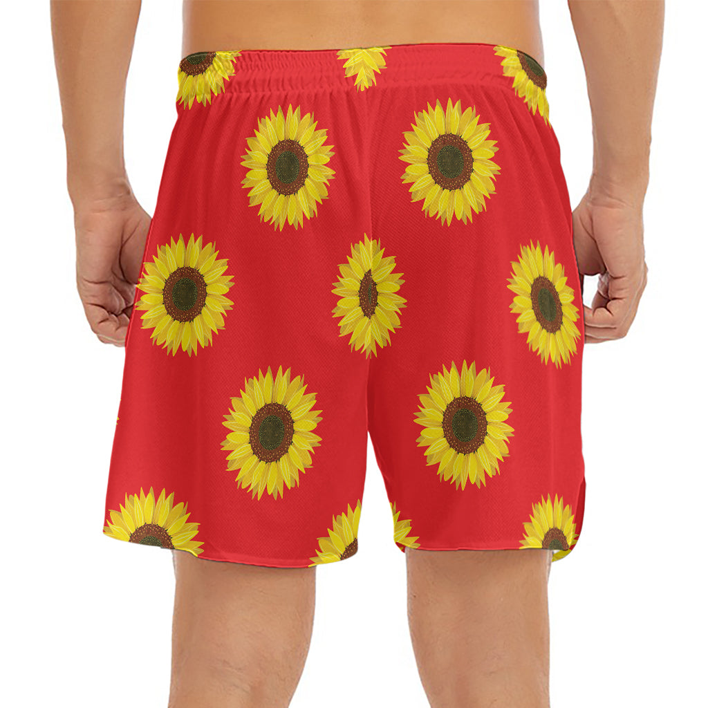 Red Sunflower Pattern Print Men's Split Running Shorts