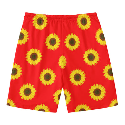 Red Sunflower Pattern Print Men's Swim Trunks