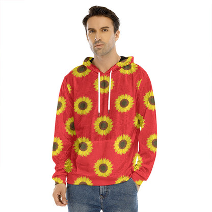 Red Sunflower Pattern Print Men's Velvet Pullover Hoodie