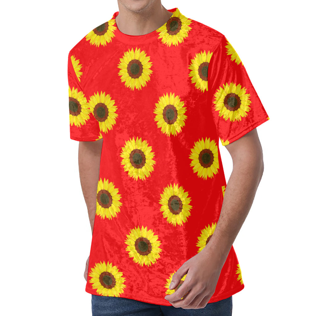 Red Sunflower Pattern Print Men's Velvet T-Shirt