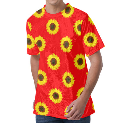 Red Sunflower Pattern Print Men's Velvet T-Shirt