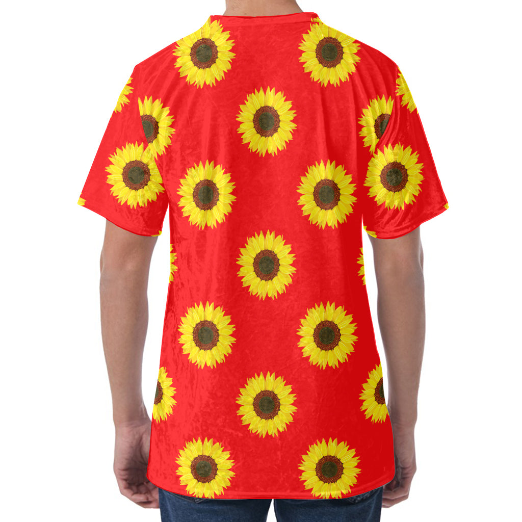Red Sunflower Pattern Print Men's Velvet T-Shirt