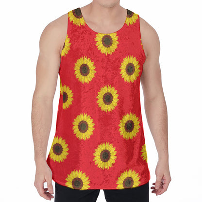 Red Sunflower Pattern Print Men's Velvet Tank Top
