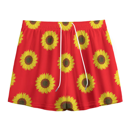 Red Sunflower Pattern Print Mesh Shorts