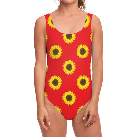 Red Sunflower Pattern Print One Piece Swimsuit