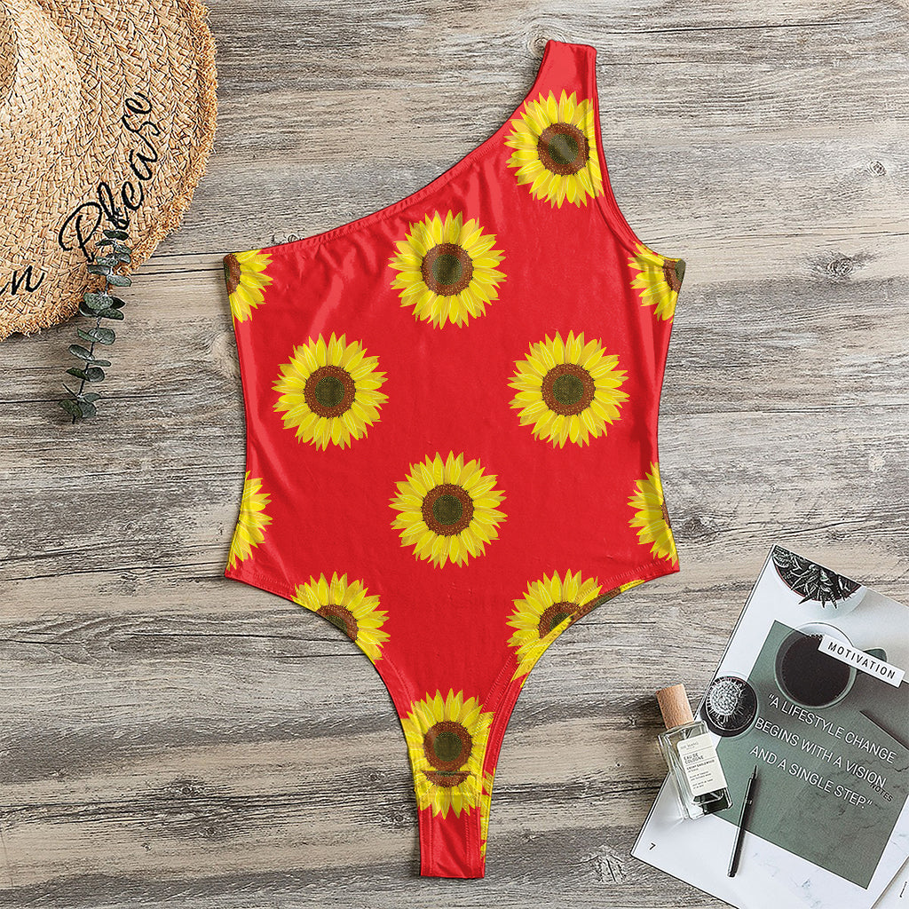 Red Sunflower Pattern Print One Shoulder Bodysuit