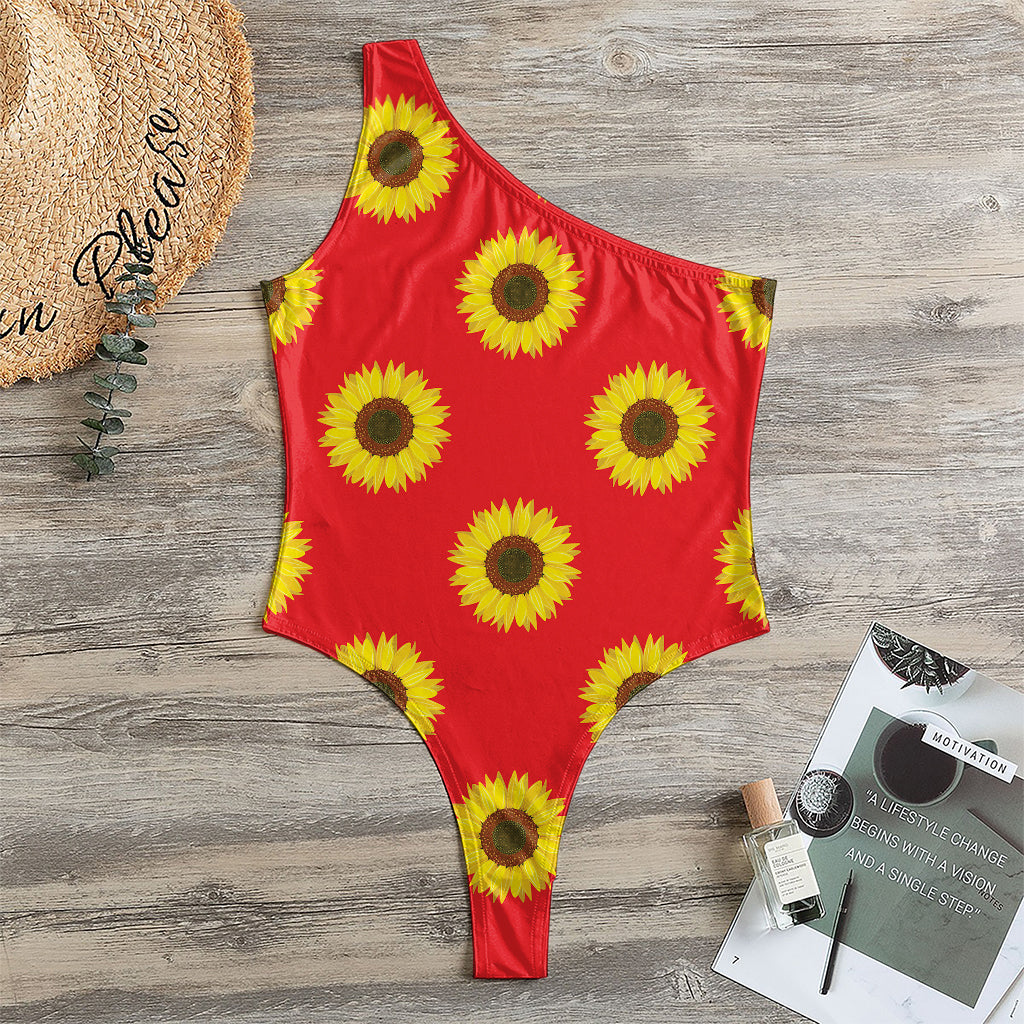 Red Sunflower Pattern Print One Shoulder Bodysuit