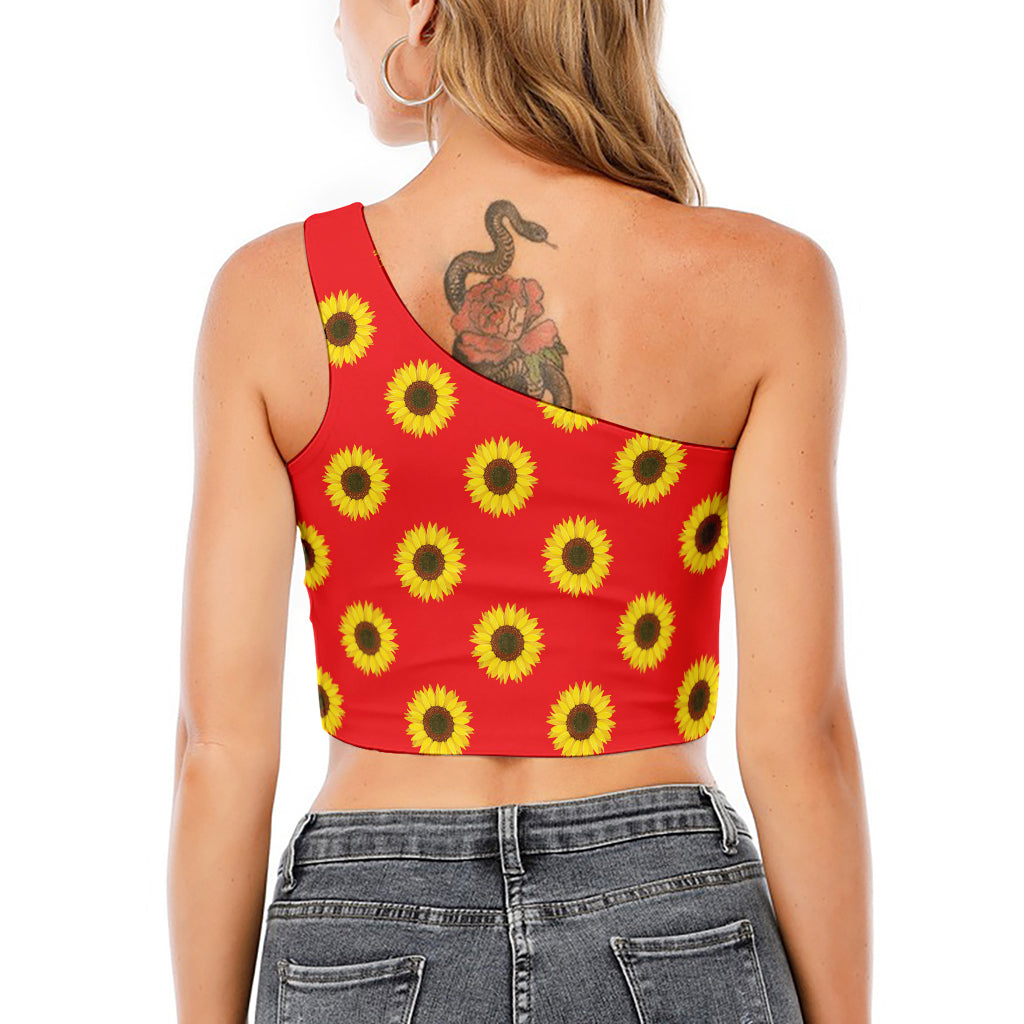 Red Sunflower Pattern Print One Shoulder Crop Top