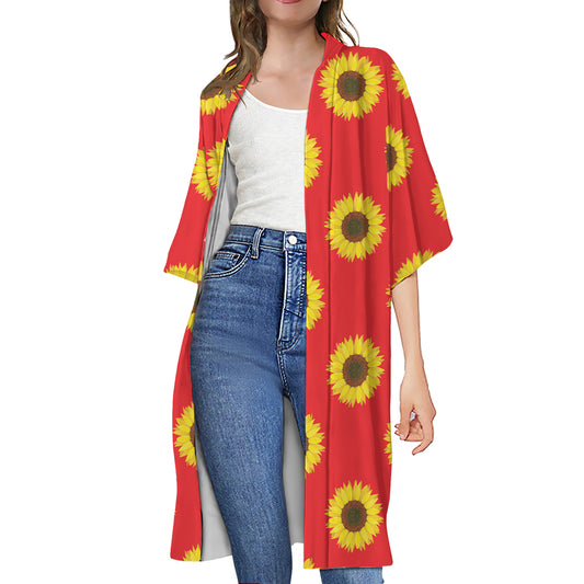 Red Sunflower Pattern Print Open Front Beach Cover Up