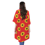 Red Sunflower Pattern Print Open Front Beach Cover Up
