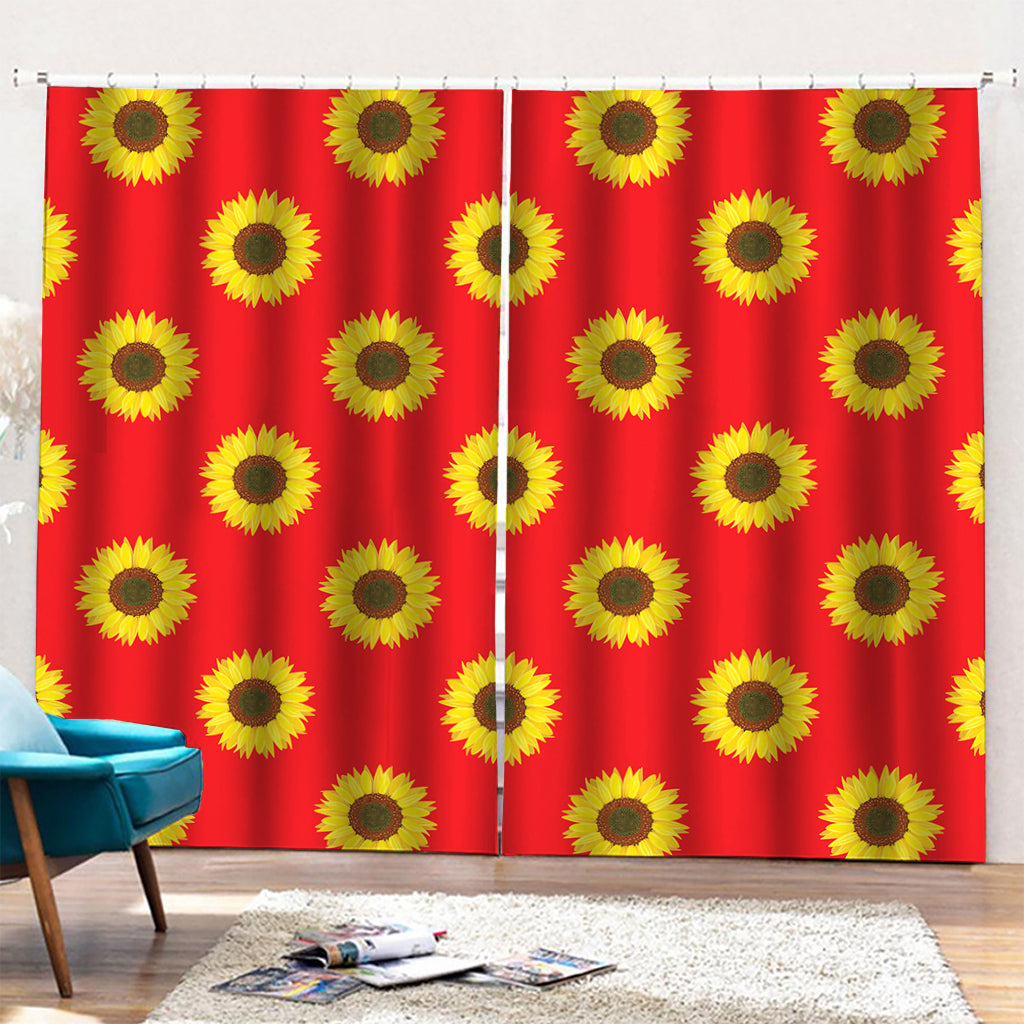 Red Sunflower Pattern Print Pencil Pleat Curtains