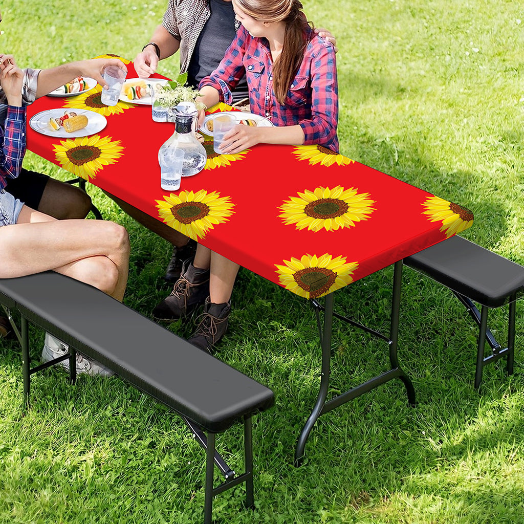 Red Sunflower Pattern Print Picnic Table Cover
