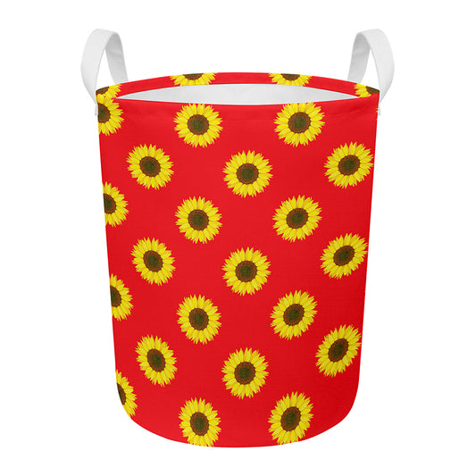 Red Sunflower Pattern Print Round Laundry Basket