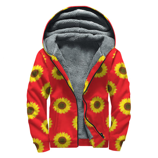 Red Sunflower Pattern Print Sherpa Lined Zip Up Hoodie