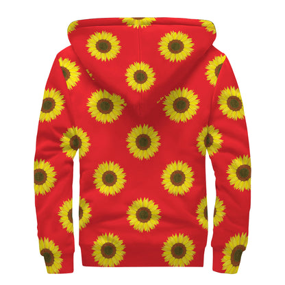Red Sunflower Pattern Print Sherpa Lined Zip Up Hoodie