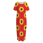 Red Sunflower Pattern Print Short Sleeve Long Nightdress