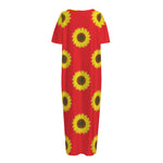 Red Sunflower Pattern Print Short Sleeve Long Nightdress