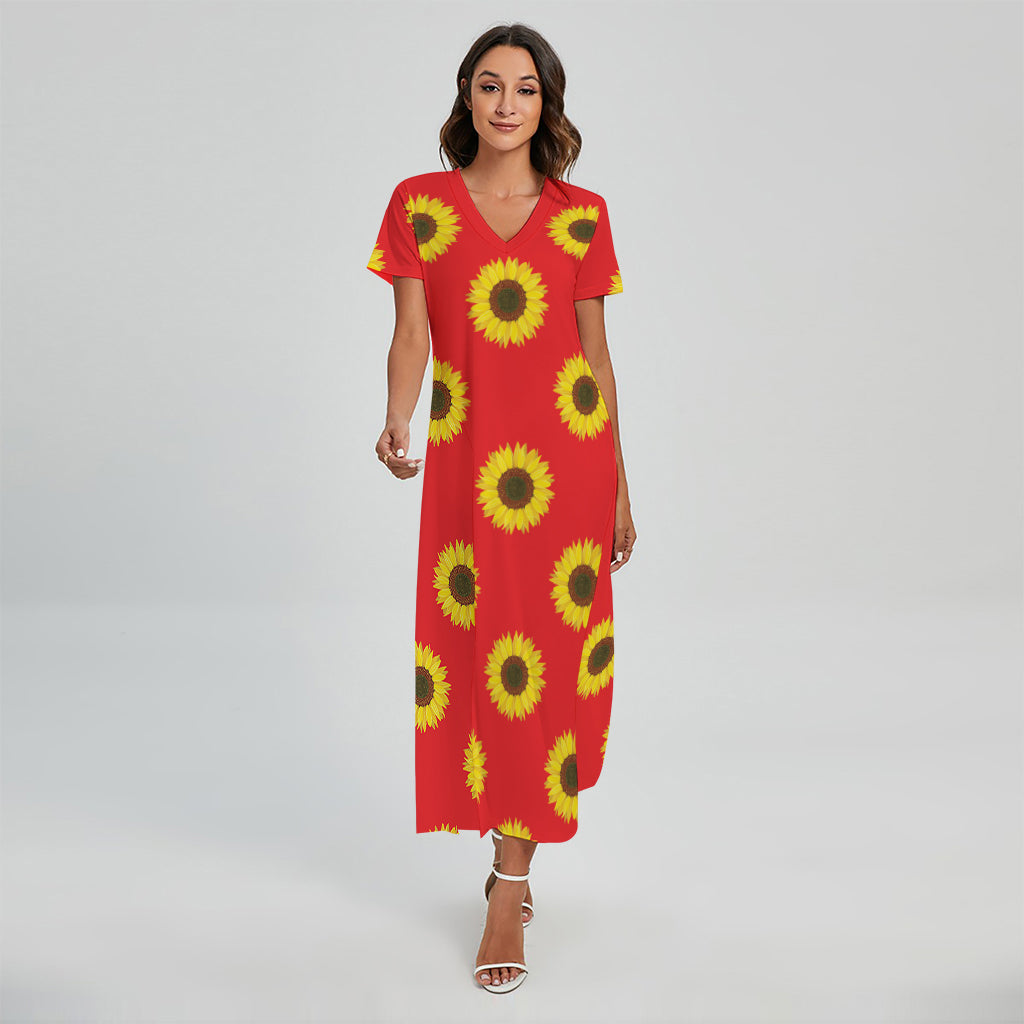 Red Sunflower Pattern Print Short Sleeve Maxi Dress