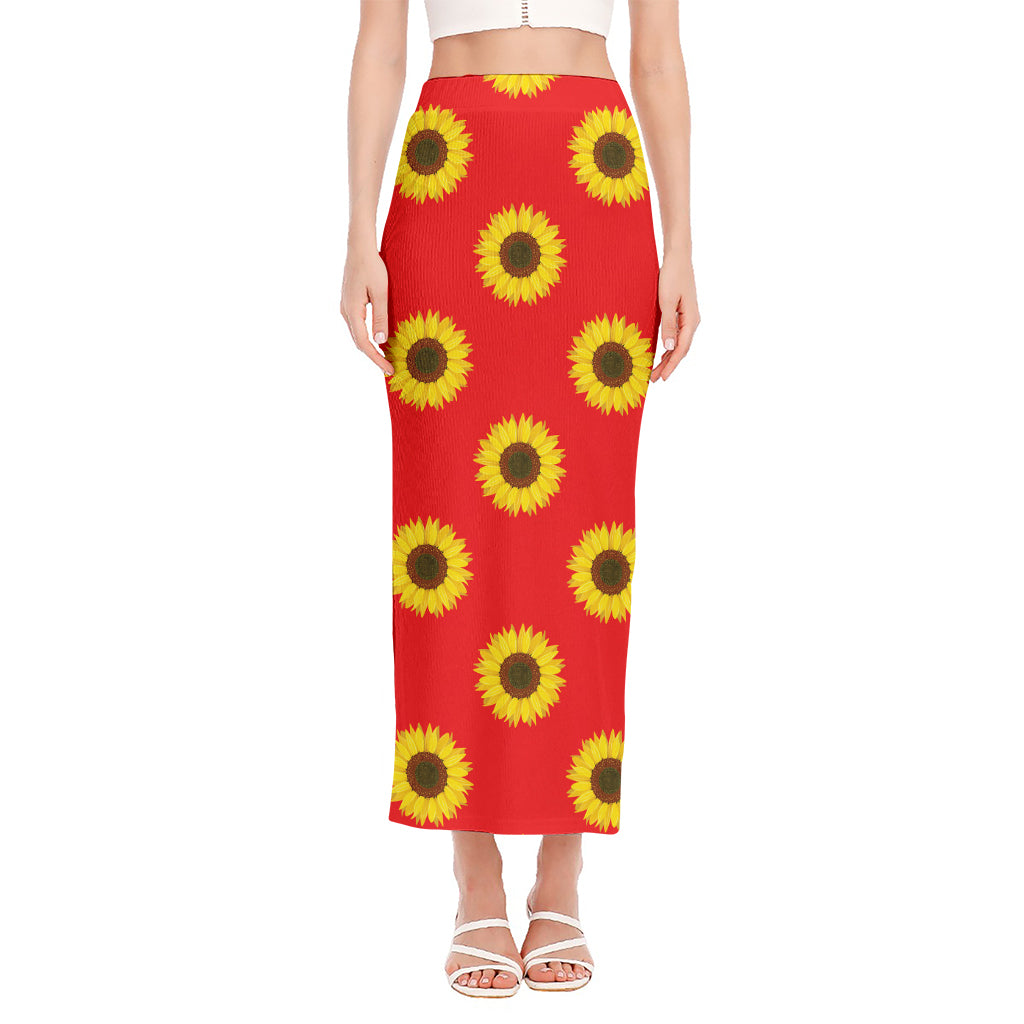 Red Sunflower Pattern Print Side Slit Maxi Skirt