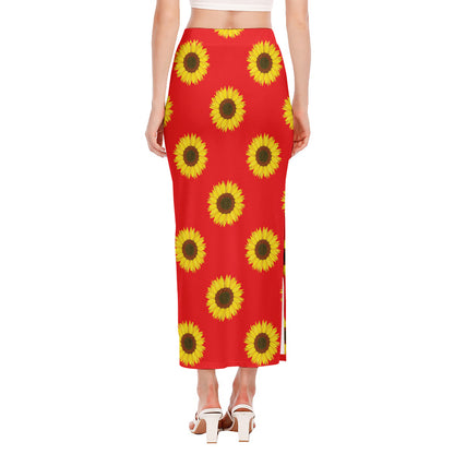 Red Sunflower Pattern Print Side Slit Maxi Skirt