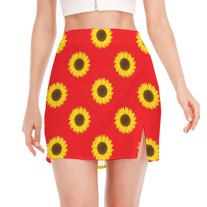 Red Sunflower Pattern Print Side Slit Mini Skirt